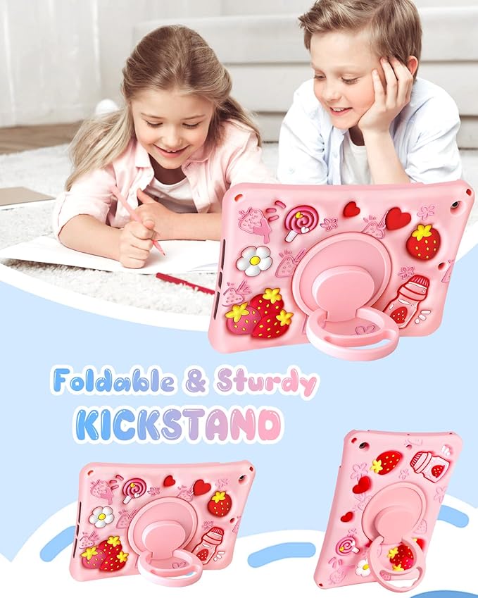 Boaretiu for iPad 9th/8th/7th Generation 10.2 Inch Case (2021/2020/2019) - Soft Silicone Cute Cartoon with Shoulder Strap & Rotating Stand Kawaii for Women Girls Girly Teens Cover, Strawberry