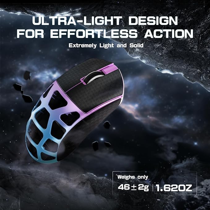 R3 Wireless Gaming Mouse, 46g Superlight Magnesium Alloy Triple-Mode Computer Mouse, 8000Hz Polling Rate, PAW3395 26K DPI Sensor Programmable Mice with Griptape for PC/Win/Mac (Purple&Blue)