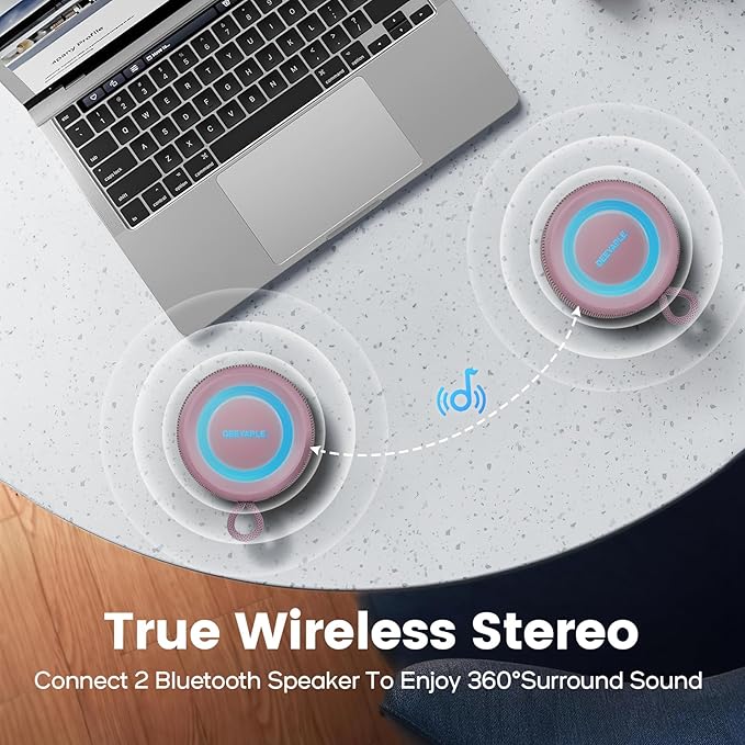 Bluetooth Speaker Wireless,IP67 Waterproof & Dustproof Portable Speaker with Lights,15W Loud Stereo Sound, 2500mAh Battery All Day Playtime, TWS Pairing, BT5.3, Home/Party/Outdoor/Beach (Dusty Pink)