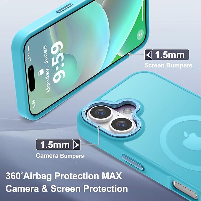 Newfuture Designed for iPhone 16 Case with Magnetic [13 FT Military Drop Protection] [Compatible with Magsafe] Slim Translucent Matte Shockproof with Anti-Fingerprint Phone Case, Lake Blue
