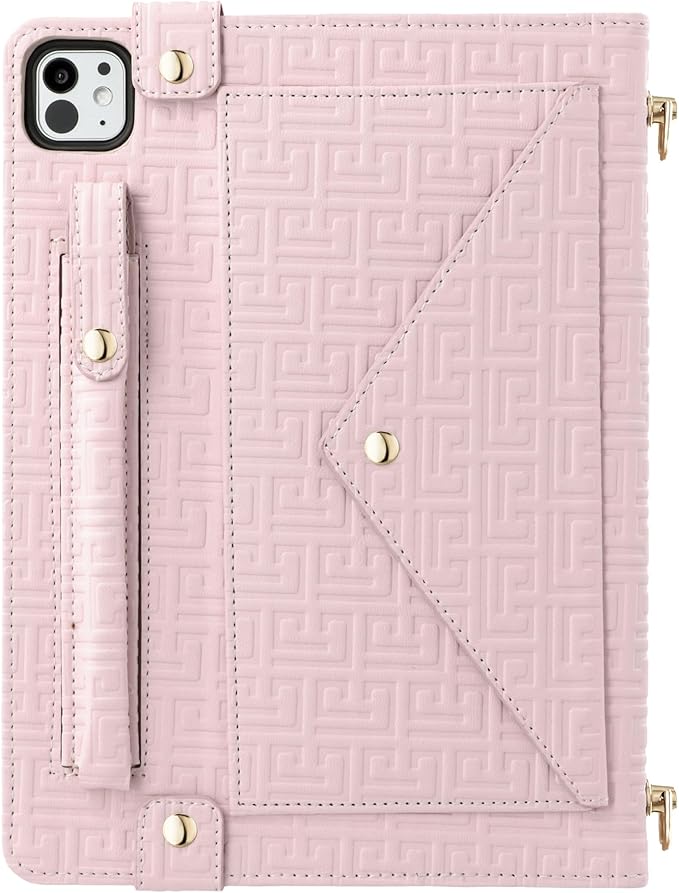 Handbag Case for iPad Pro 13-inch M5 2025/M4 2024, Techcircle Elegant Crossbody PU Leather Folio Envelope Pocket Stand Cover with Hand Strap+Shoulder Strap+Pencil Holder+Card Slots, Baby Pink