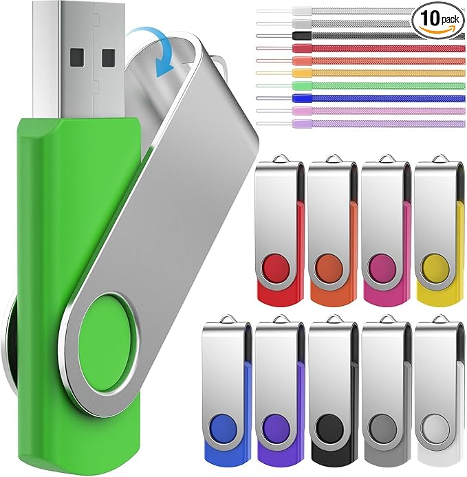 FEBNISCTE Thumb Drive 4GB 10 Pack USB Flash Drives Bulk, Swivel Jump Drive 4 GB Multi-Coloured Pen Drive USB 2.0 Memory Stick with Cords, Data Storage Pendrive 10 Color Assorted Zip Drives