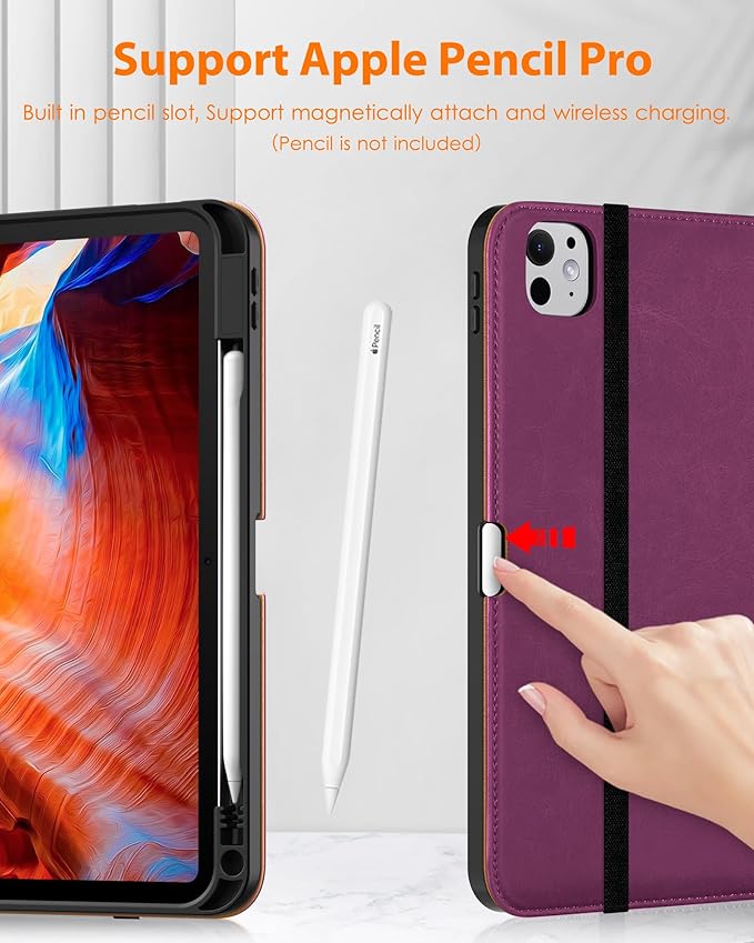 DTTO for iPad Pro 11 inch Case (M5/M4) 2025/2024, Premium Leather Business Folio Stand Cover with Pencil Holder - Auto Wake/Sleep and Multiple Viewing Angles, Purple