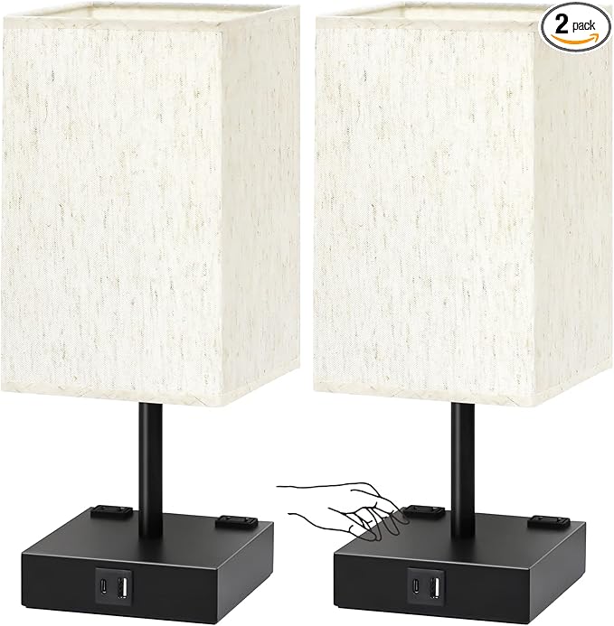 Bedside Table Lamps Set of 2 - Touch Nightstand Lamp for Bedroom with USB C+A Charging Ports & AC Outlets, 3-Way Dimmable Desk Lamp Flaxen Fabric Shade for Living Room Office(Bulb Included)