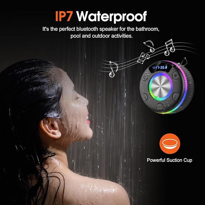 Bluetooth Shower Speaker, Portable Bluetooth 5.3 Speakers Wireless with Time Display, IP7 Waterproof Speakers with RGB Light, Suction Cup, Mini Stereo Speaker for Bathroom Party Travel Beach Outdoor