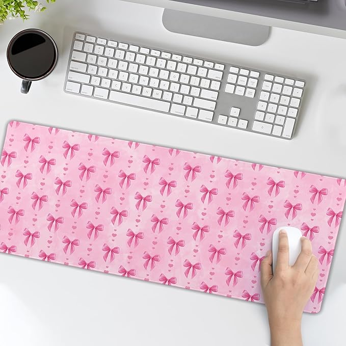 Pink Bows Mouse Pad Extended Large 35.4x15.7in Coquette Kawaii Desk Mat Preppy Trendy Computer Large Mousepad Non-Slip Rubber Base Stitched Edge Gaming Mousepad PC Computer Desk Pad for Work Desktop