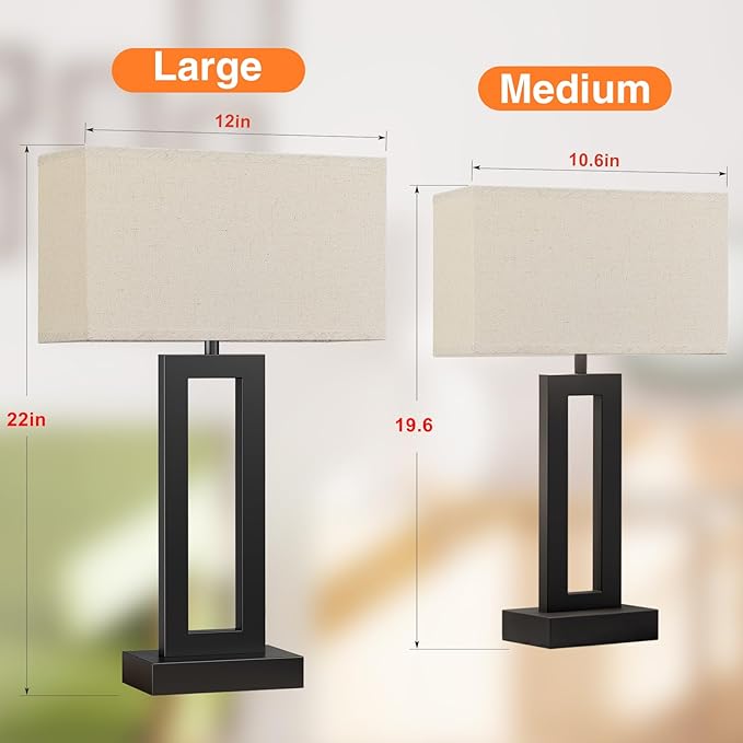 Seealle 22" Tall Living Room Lamps for Night Stands - Touch Bedside Lamp with USB C+A, 3 Way Dimmable Bedroom Lamps for End Tables Set of 2, Modern Night Stand Lamps for Bed Side(Beige&Black)