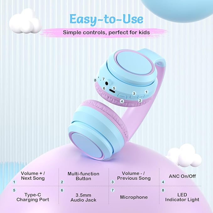 TONOSHARK Kids Bluetooth Headphones with Active Noise Cancelling, Wireless Over-Ear Headphones for Boys Girls, Foldable, Adjustable, 40H Playtime, Mic for School Travel (Purple Blue)