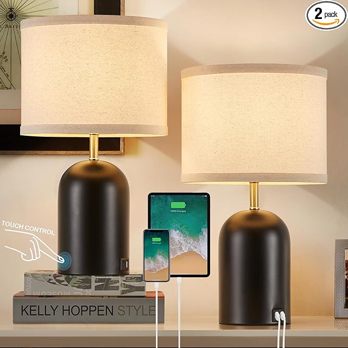 GyroVu Touch Control Table Lamps Set of 2, Modern Bedside Lamp with 2 USB Ports, Dimmable Gold and Black Nightstand Lamp with Fabric Shade for Living Room Bedroom Office Dorm(LED Bulbs Included)