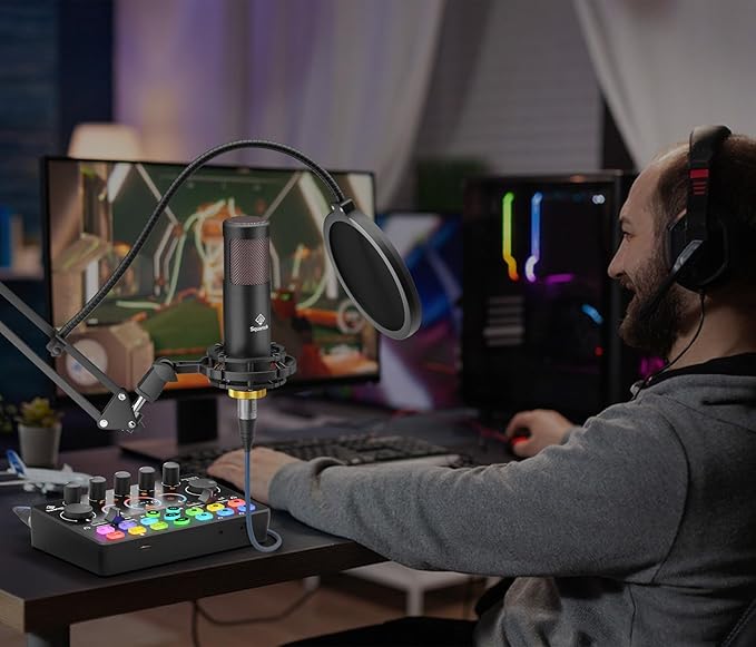 Podcast Equipment Bundle, Mixer with 48V XLR Condenser Microphone, TF card,5RGB,Surround Sound,Suitable for Streaming/TikTok/YouTube, Compatible with Mobile Phones, PC,Camera RS2