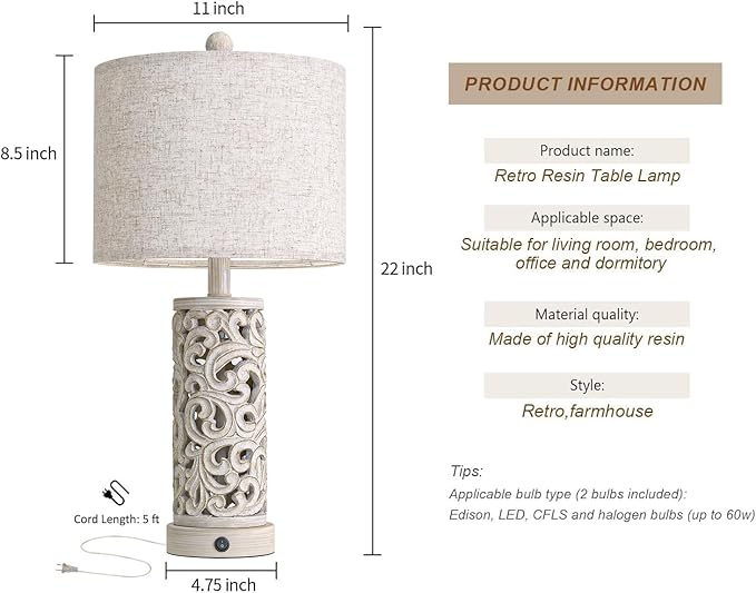 OYEARS 22'' Farmhouse Table Lamp for Living Room, Bedside Lamp with 2 USB Ports for Bedroom, Rustic Nightstand Lamp with Linen Lampshade for Office Hallway Home Decor, Distressed Grey (Bulb Included)