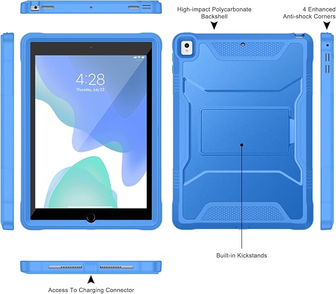 Soke Case for iPad 6th/5th Generation 9.7 Inch 2018/2017,with Built-in Screen Protector and Kickstand, Rugged Full-Body Heavy Duty Protective Cover for Apple iPad Air 2 /Pro 9.7 - Blue