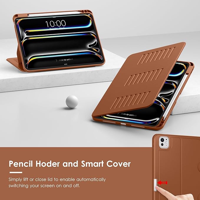 VIKESI Case for iPad Pro 11 inch (M5/M4) 2025/2024,Multiple Angles Magnetic Stand Cover,Shockproof Back,Pencil Holder,and Auto Sleep/Wake,Brown