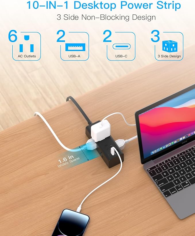 15Ft Extension Cord with Multiple Outlets, Flat Plug Power Strip Surge Protector with 15 Ft Long Cord, 6 Outlet 4 USB Ports (2 USB C), Multi Outlet Wall Plug for College, Dorm Room Essentials(Black)