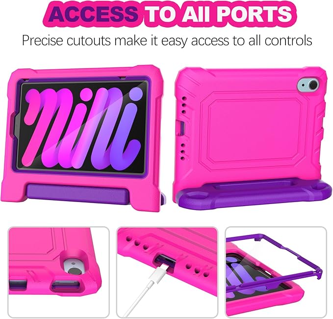 YIHE Kids Case for 8.3 inch iPad mini 7 (A17 Pro) 2024 & iPad mini 6 (A15) 2021, Shockproof Cases for iPad mini 7th/6th Generation with Built-in Screen Protector & Handle Stand, Pink&Purple