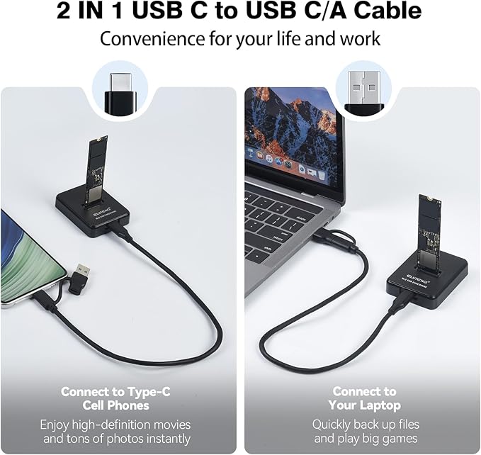 ELUTENG M.2 NVMe SSD Docking Station, 10Gbps USB-C & USB-A PCIe SSD Reader, 2-in-1 Cable, B+M Key Compatible, Fits 2230/2242/2260/2280 SSD, No SATA/mSATA Support, Black