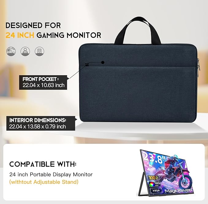24 inch Portable Monitor Sleeve, Padded Shockproof Carry Bag for 23.8-24 inch Portable Display Monitors(W/t Adjustable Stand) Water-Resistant Monitor Bag Cover with Accessory Pocket