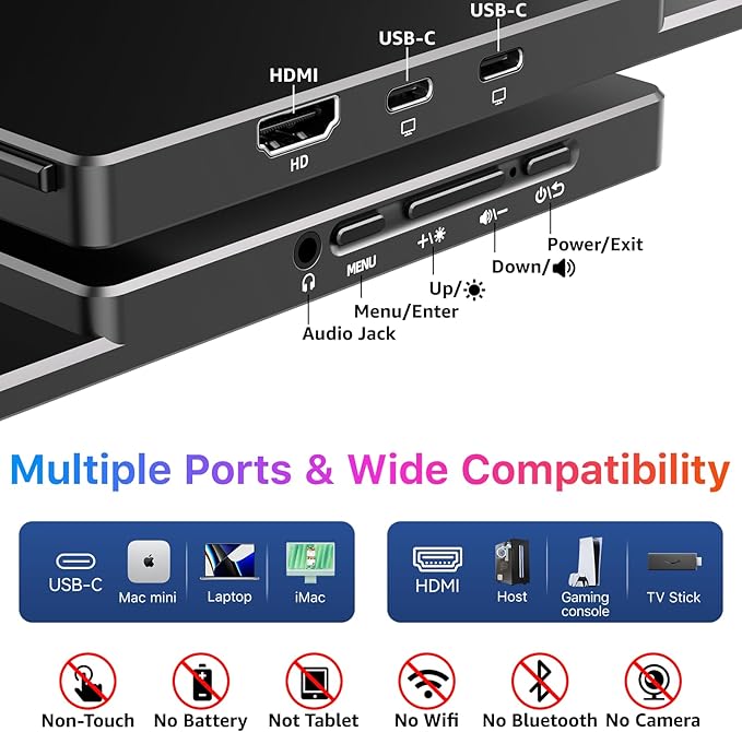 kksmart Portable Monitor for Laptop MacBook Surface PC Xbox PS5, Travel Monitor Second Screen for Laptop, HDMI USB-C VESA Compatible Built-in Speaker, 17.3