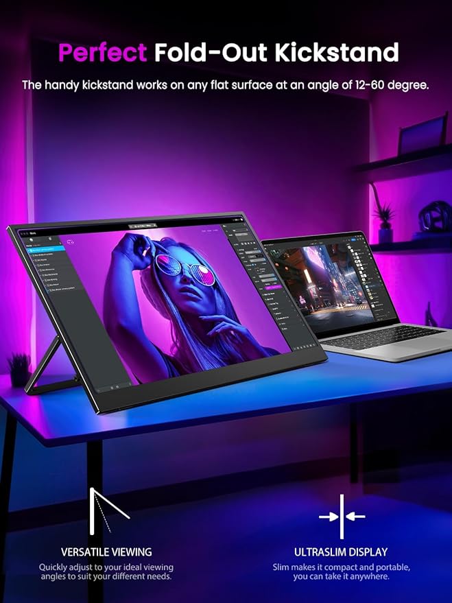 UPERFECT 17.3'' 4K Portable Monitor QLED, 600 Nits 150% sRGB UHD FreeSync HDR 2 Speakers Eye Care Travel Monitor, 2 Fully Functional Type-C Port & HDMI for Laptop PC Phone, VESA & Stand