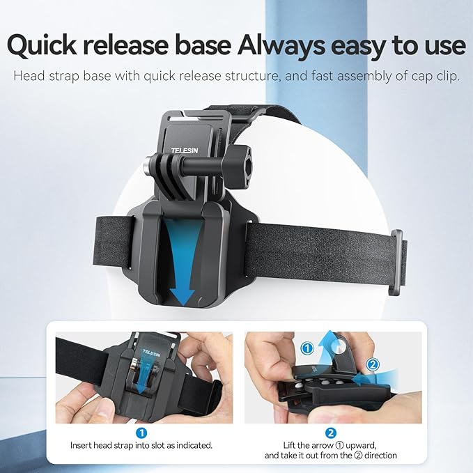 TELESIN Head Strap Mount with Cap Clip, Quick Release Head Belt Mount Compatible with GoPro Max/Hero 13/12/11/10/9/8, Insta360 X5, DJI Osmo Nano Action 5 Pro Action 4 3, AKASO and Most Action Cameras