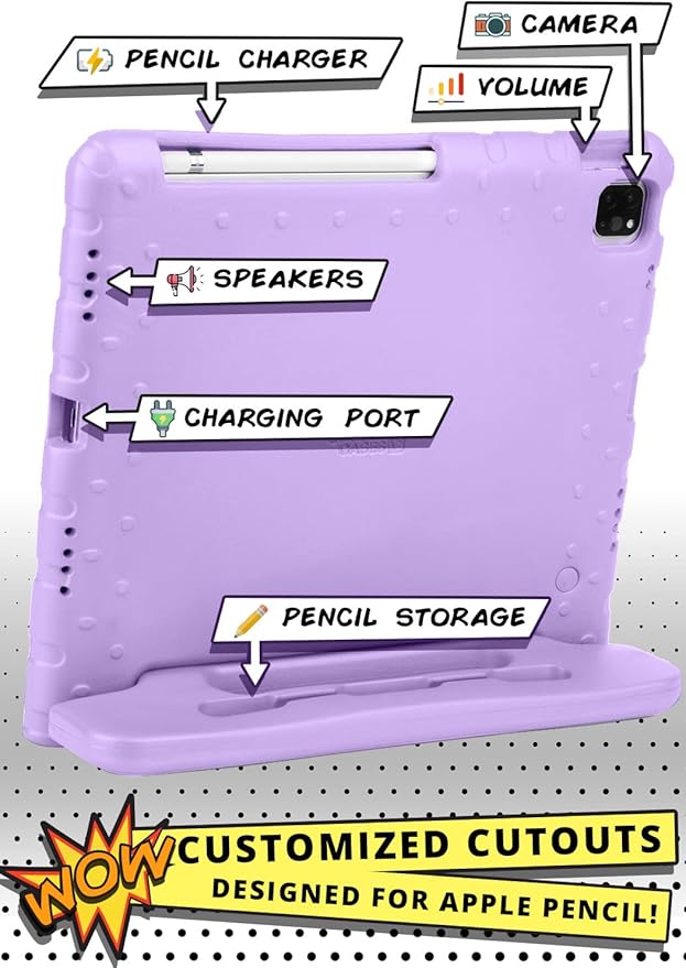 Cooper Dynamo iPad Pro 12.9 Case for Kids for iPad Pro 12.9 6th Generation Case (2022), Also Fits 5th-4th-3rd Gen (2021, 2020, 2018) | Rugged Foam, Magic Handle, Stand, Pencil Holder (Violet)