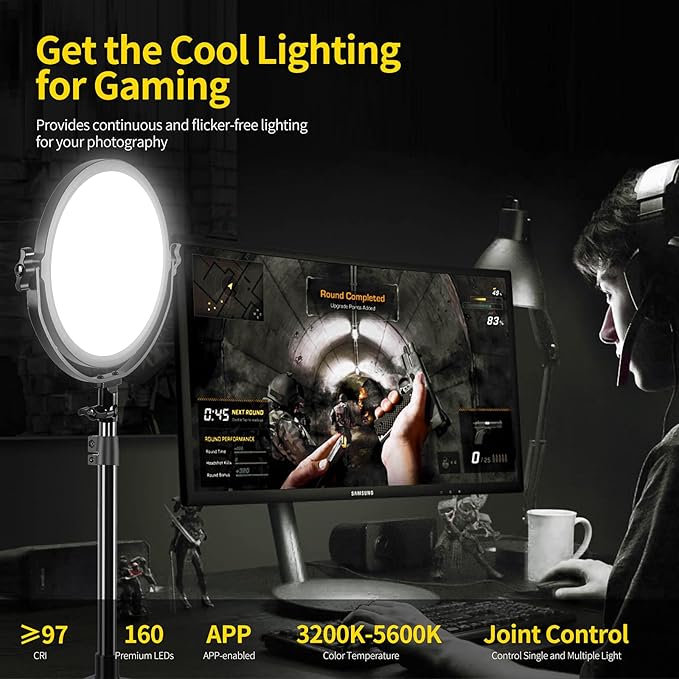 GVM Desk Mount LED Video Light, 10'' Round Key Light with Built-in Diffuser and LCD Display, Bi-Color Professional Light for Game/Studio/Streaming/YouTube Video Shooting, APP Control CRI 97+