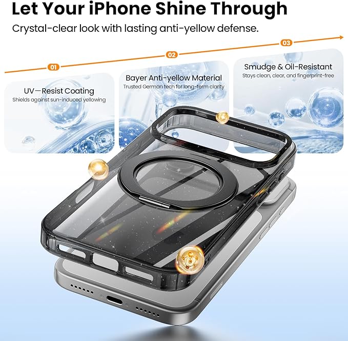 360°Ring Stand for iPhone 17 Pro Max Case with 1X Screen Protector +1X Camera Cover,Fit for MagSafe, Anti-Yellowing & Scratch-Resistant Back Phone Case for iPhone 17 Pro Max 6.9", Clear Black Glitter