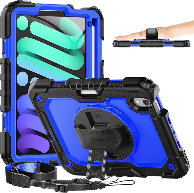 Timecity Case for iPad mini 7 (A17 Pro) 2024/ Mini 6 2021 8.3 inch, Full-Body Drop Protection Case with Screen Protector Pencil Holder&Rotating Stand Hand Strap for iPad mini 7th/6th Gen-Dark Blue