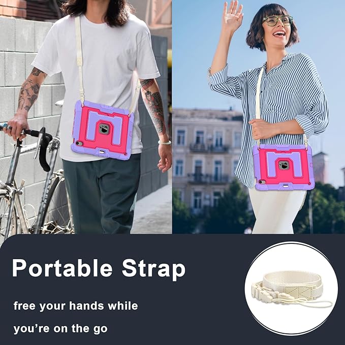 Kids Friendly Case for iPad Air 11 Inch M4 M3 M2 2026/2025/2024 Case with Pencil Holder & Shoulder Strap, Military Grade Shockproof Kickstand Hard Shell Protective Cover,Rose+Purple
