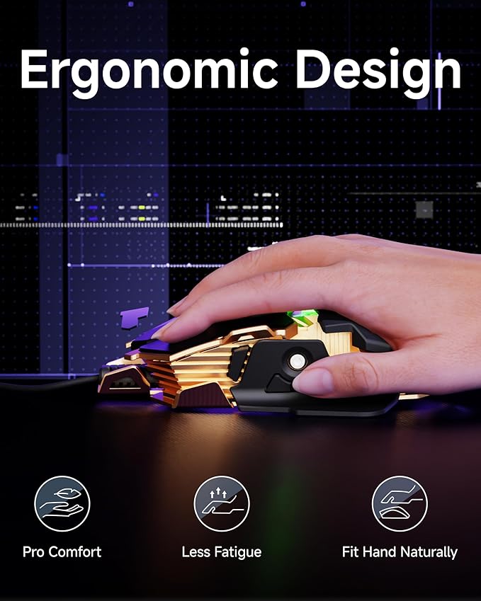 SEUNKWANG EWEADN G5 Wired Gaming Mouse, Ergonomic RGB Computer Mouse, 12800 Adjustable DPI, 9 Programmable Macro Buttons with Rapid Fire Key Compatible for PC/Laptop/Windows- Black&Gold