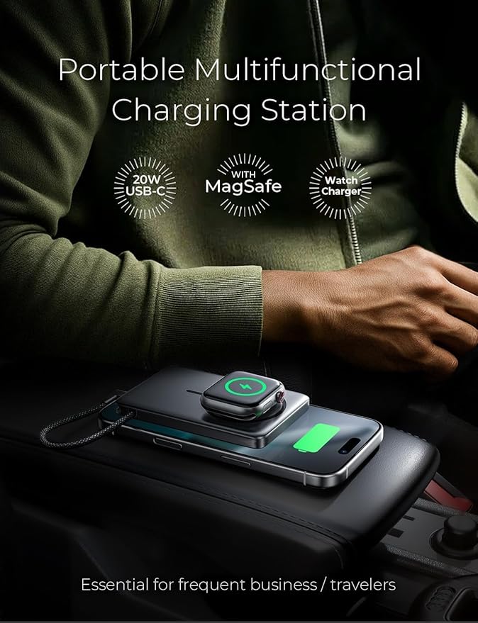 LISEN 0.5'' Ultra Slim MagSafe Power Bank for iPhone and Apple Watch,10000mAh MagSafe Battery Pack,Alloy Magnetic Portable Charger for iPhone 16 Pro Max Plus/15, Apple Watch S11 /S10 S9 SE，Black
