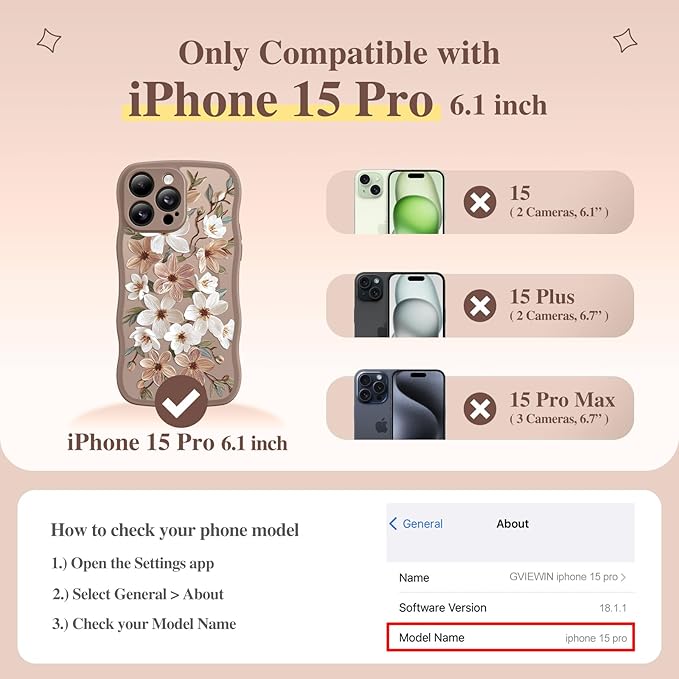 GVIEWIN for iPhone 15 Pro Case Compatible with MagSafe [Curly Wave Edge][Full Camera Protection] Floral Translucent Shockproof Magnetic Women Phone Case for iPhone 15 Pro 6.1'', Dogwood/Brown