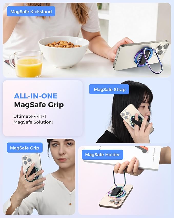 [2025 Upgraded] SUPERONE for MagSafe Phone Grip for MagSafe Kickstand Compatible with Mag Safe Finger Loop, 4-in-1 Phone Ring Holder Strap for iPhone 17/16/15/14/13 Series and Mag Safe Case - Colorful