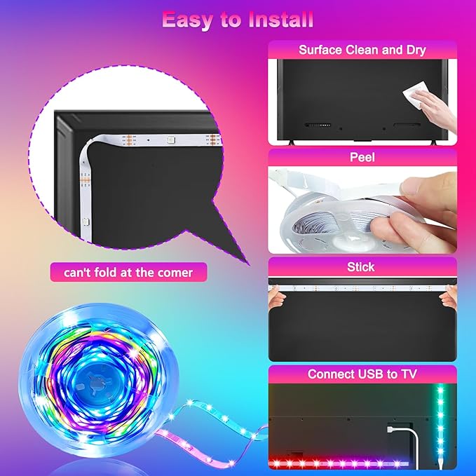 Daymeet LED Lights for TV, 13.1ft TV Lights for 45-60in Tvs, RGB Music Sync Tv Backlight Behind, Bluetooth with Remote and APP Control LED Strip Light for Gaming Room Xmas Decoration