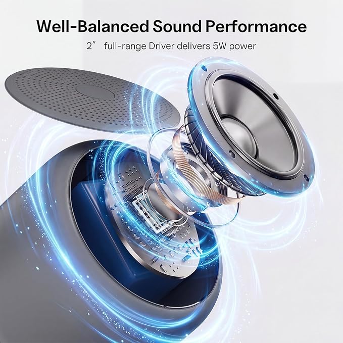 Bobtot Portable Bluetooth Speakers with Strap Easy to Carry, Wireless Waterproof Mini Speaker with Loud Stereo Sound, 20 Hours Playtime, Rechargeable Battery, Built-in Microphone, Dark Gray