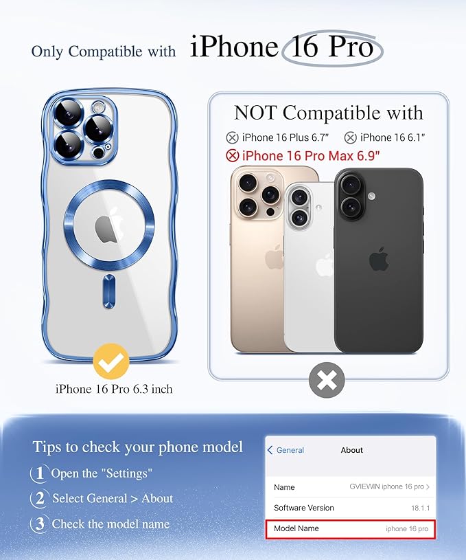 GVIEWIN for iPhone 16 Pro Case Compatible with MagSafe, Upgraded [Full Camera Protection][Cute Wave Frame][Military Grade Protection] Electroplated Soft Phone Cover for Women Girl, Clear/Light Blue