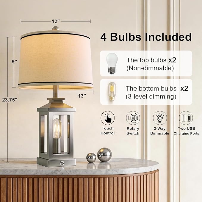 G-SAFAVA 24" Table Lamps for Living Room Bedroom Modern Metal Bedside Lamps Set of 2 Nightstand Lamp for Night Stands 3 Way Dimmable Touch Lamp with USB C+A Ports and 2 Light Sources, 4 Bulbs Includes