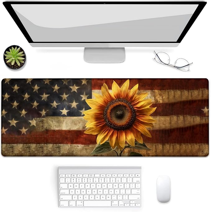 Gaming Mouse Pad, American Flag Sunflower Mouse Pad, Desk Mat, Non-Slip Rubber Base MousePads for Computers Laptop Office School Home Accessories Decor 31.5" x 11.8"