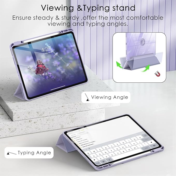 Soke for New iPad Air 13 Inch Case (M3 2025/M2 2024) with Pencil Holder, [Auto Wake/Sleep + Camera Protection] Shockproof Cover with Clear Transparent Back for Apple iPad Pro 12.9", Gray Purple