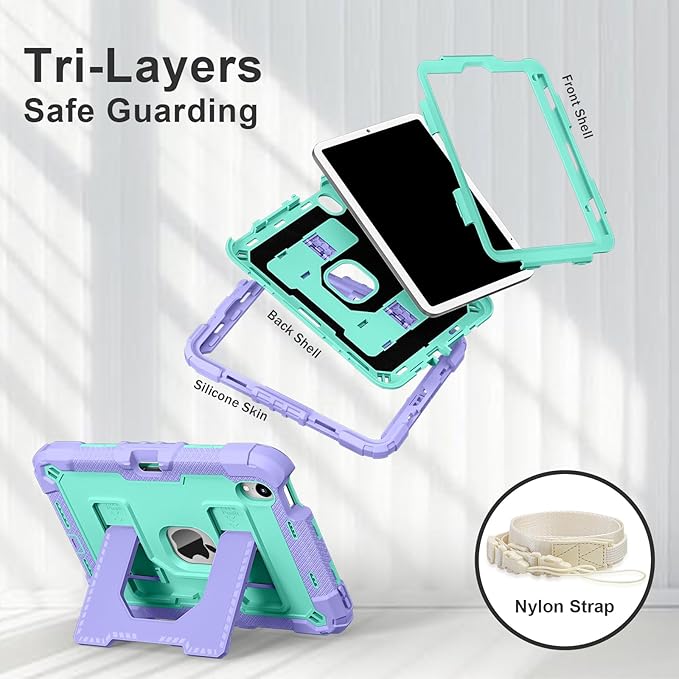 Kids Friendly Case for Apple iPad mini 7 A17 Pro 2024/iPad Mini 6 2021 8.3 Inch 7th/6th Gen Case with Pencil Holder & Shoulder Strap, Shockproof Kickstand Hard Shell Protective Cover,Purple+Mint
