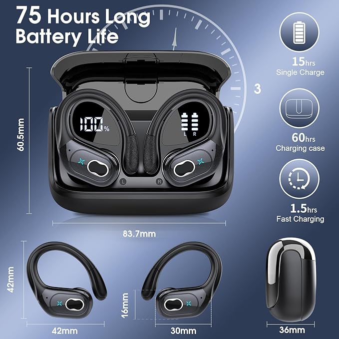 Wireless Earbuds 75hrs Bluetooth 5.4 Headphone Sport, 2026 Bluetooth Earbuds Stereo Deep Bass Over Ear Bud with Earhooks, ENC Noise Cancelling Mic, IPX7 Waterproof Earphone for Gym/Running/Workout