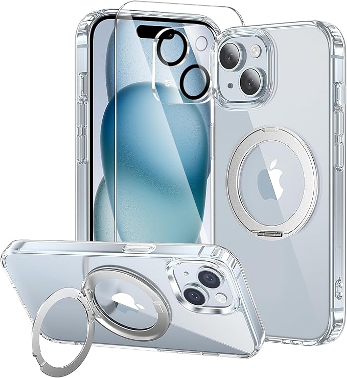 toushion 3 in 1 for iPhone 15 Case Stand |Build in Kickstand,Screen Protector *1 & Camera Lens Protector*1, Not Yellowing, Fits MagSafe, Military-Grade Protection