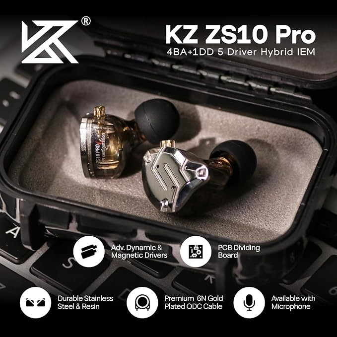 Linsoul KZ ZS10 Pro, 4BA+1DD 5 Driver in Ear Monitor, HiFi Wired Earbuds, Gaming Earbuds, Hybrid IEM Earphones with Stainless Steel Faceplate, Detachable Cable for Musician(with Mic, Black)