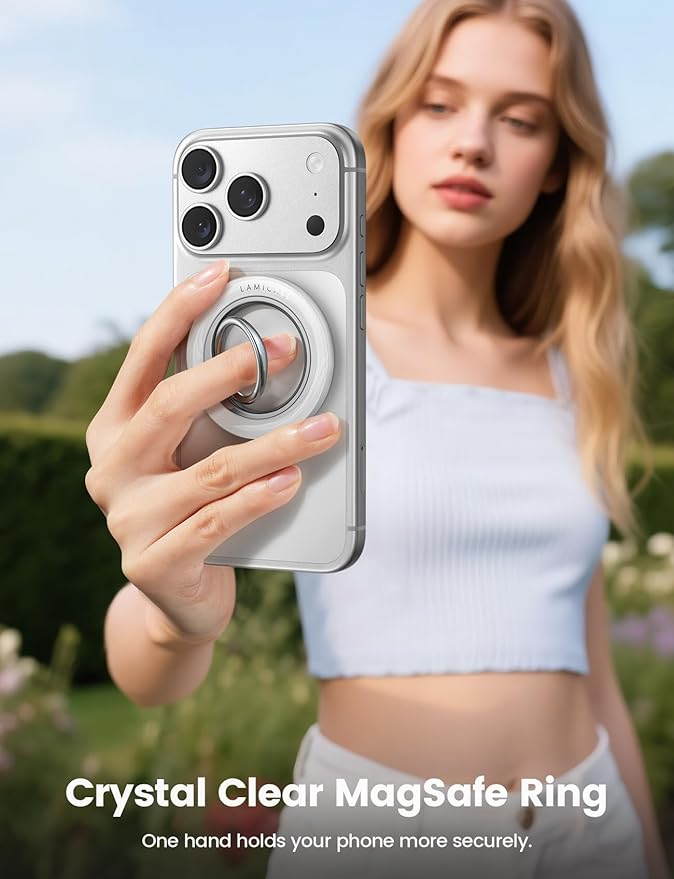 Lamicall Magnetic Phone Ring Grip Holder for MagSafe, 360° Rotating with Smooth Damping, Crystal White Finger Grip Kickstand, Strong Magnet Mag Safe Accessories for iPhone 17 Pro Max Air, All Phones