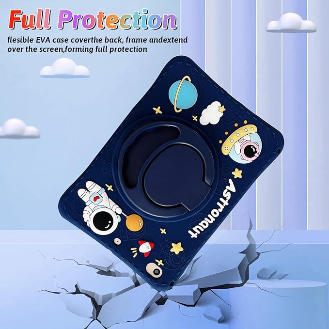 Dteck for iPad 10.9" 10th Generation Case Kids,Cute Cartoon 3D Unique Design Light Rotating Handle Stand Shoulder Strap Soft Silicone Funda Drop Rugged Shockproof Protective Kid-Proof Case,Spaceman