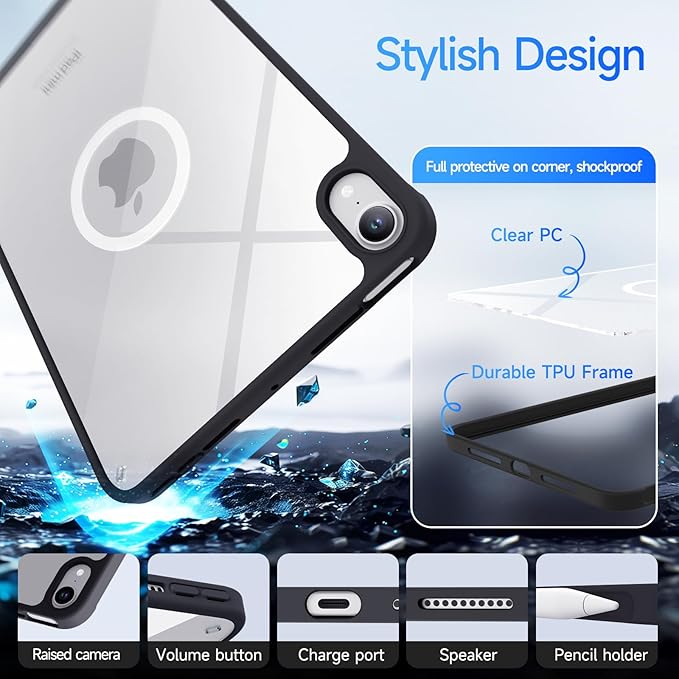 Case for iPad mini A17 Pro, iPad mini 6 case, Compatible with Magsafe, Clear Back with TPU Frame, Slim Lightweight Protective Case for 8.3“ iPad mini (Midnight Black)