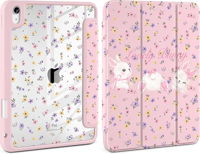 Case for iPad Air 13 inch 2026 M4 2025 M3 2024 M2 Release Slim Lightweight Shockproof Cute Light Pink Cover with Clear Back TPU Edge Pencil Holder Trifold Stand Auto Wake Sleep, White Rabbit