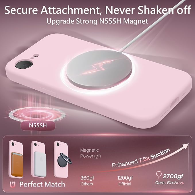 FireNova Magnetic for iPhone 17e Case/iPhone 16e Case, Compatible with MagSafe, [Silicone Camera Protection] Microfiber Lining Phone Case, 6.1", Chalk Pink