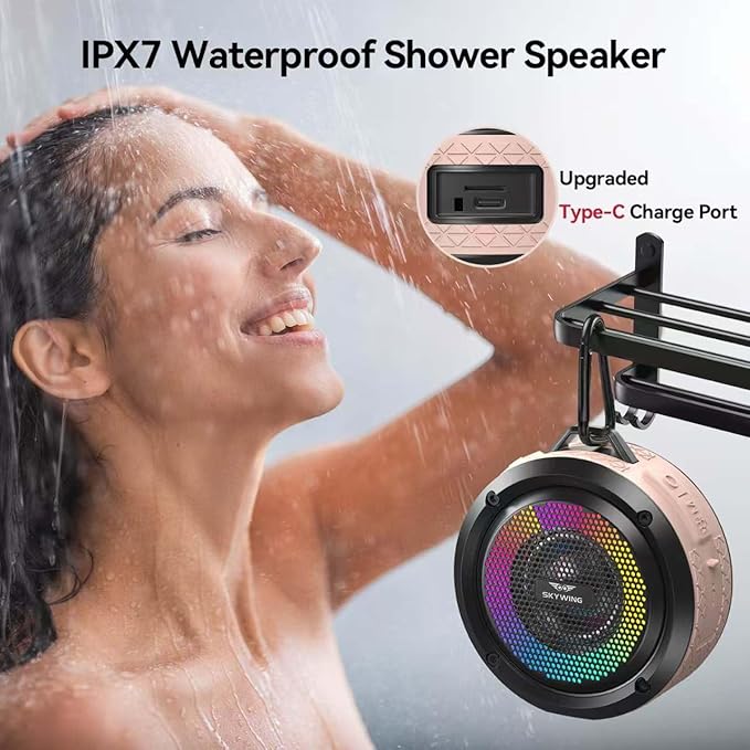 Shower Speaker, Certified IPX7 Waterproof, Mini Bluetooth Wireless Small Speaker with Lights, Suction Cup and Mic for Bathroom, Crystal Sound&Bass,12H Playtime, Ideal Electronic Gift(Pink)