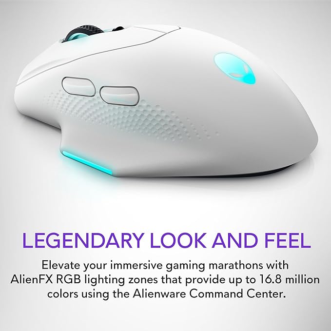 Alienware Wireless Gaming Mouse AW620M - Wireless/Wired, 1 x USB - 4 pin USB Type A, 26000 dpi, 3.52oz (99g) Weight, 7 Buttons, Non-Slip Grip, up to 140 Hours of Gaming - Lunar Light